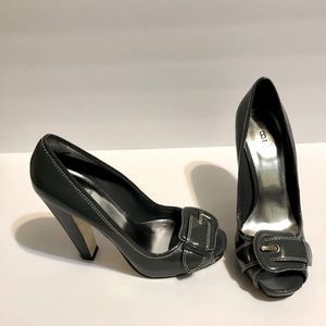BAKERS 4” Charcoal Grey Buckle Peep Toe Pump - “Mei”